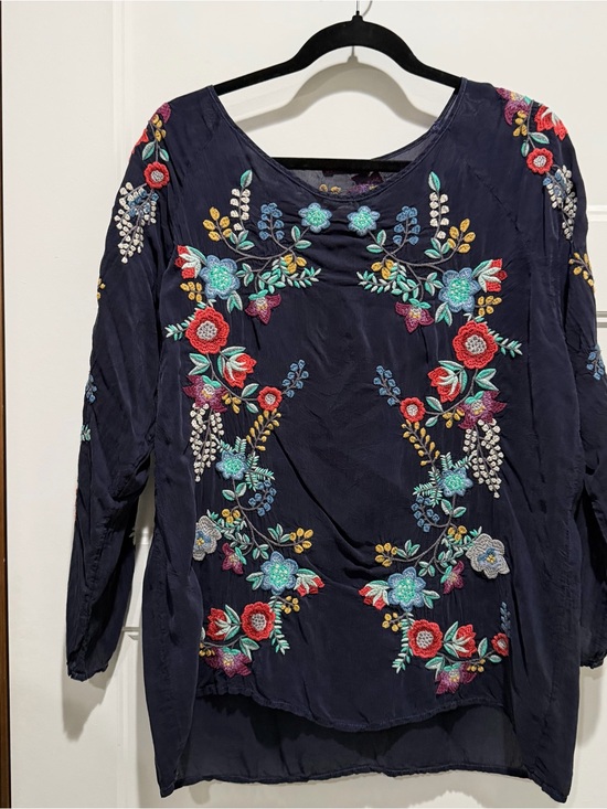 Johnny Was Tops - Johnny Was Navy Embroidered Floral Long-Sleeve Blouse